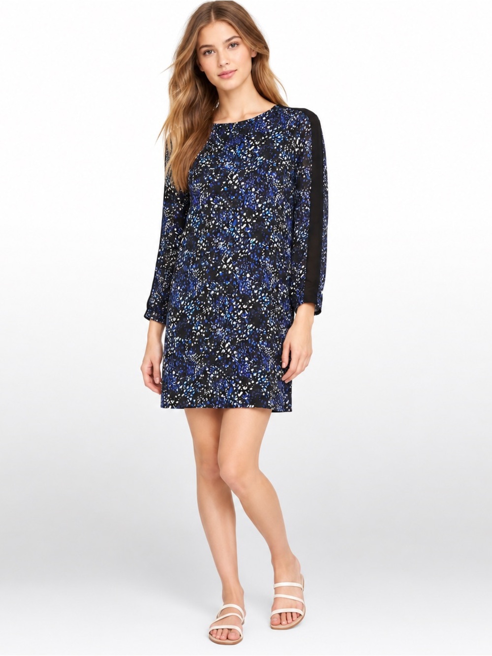 Banana Republic Blue Abstract Shift Dress Sheer Sleeve Trim Size 8